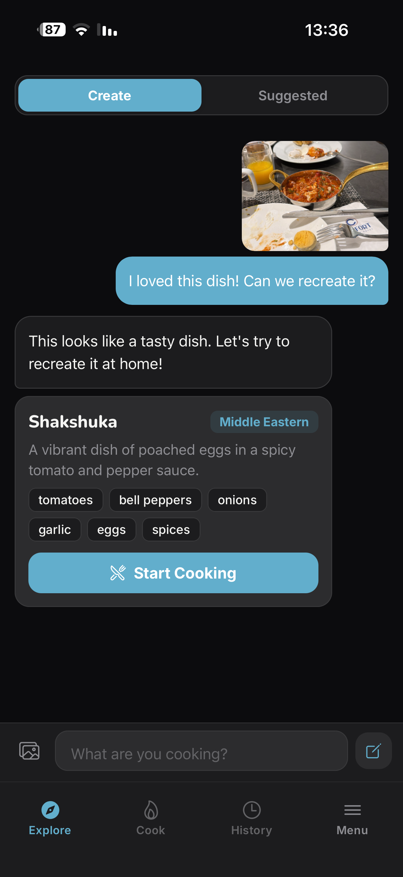 CookE AI chat identifying a dish from a photo