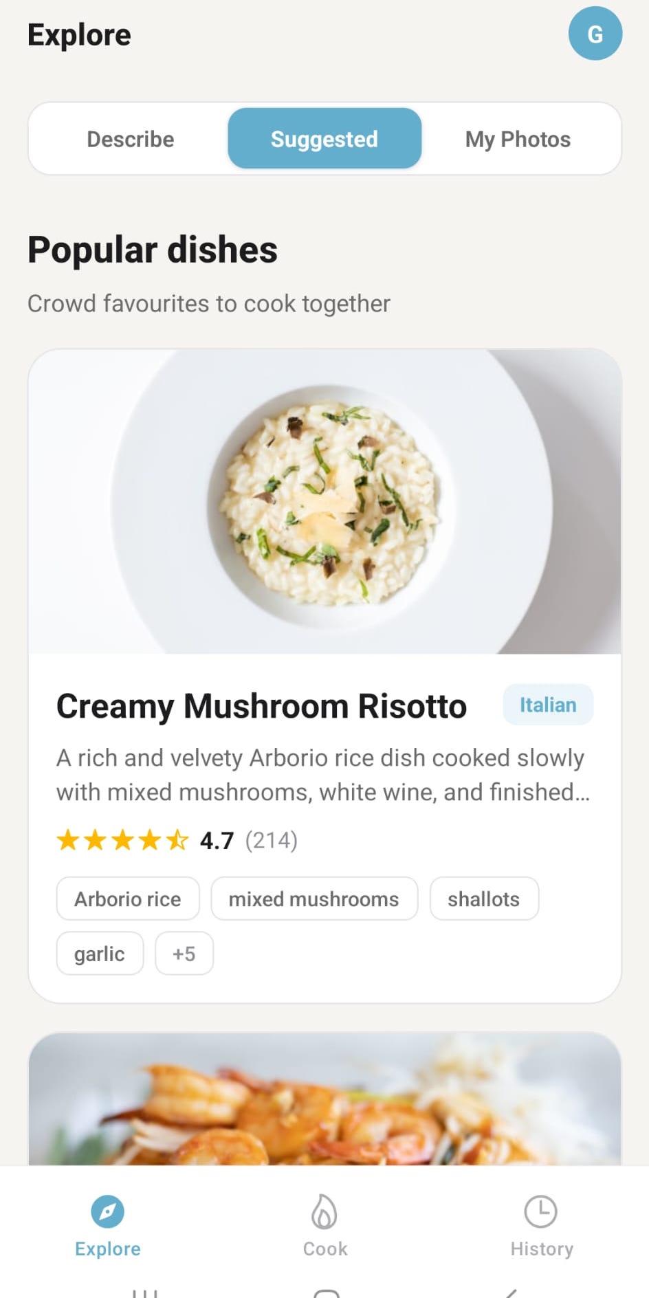 Explore popular dishes screen