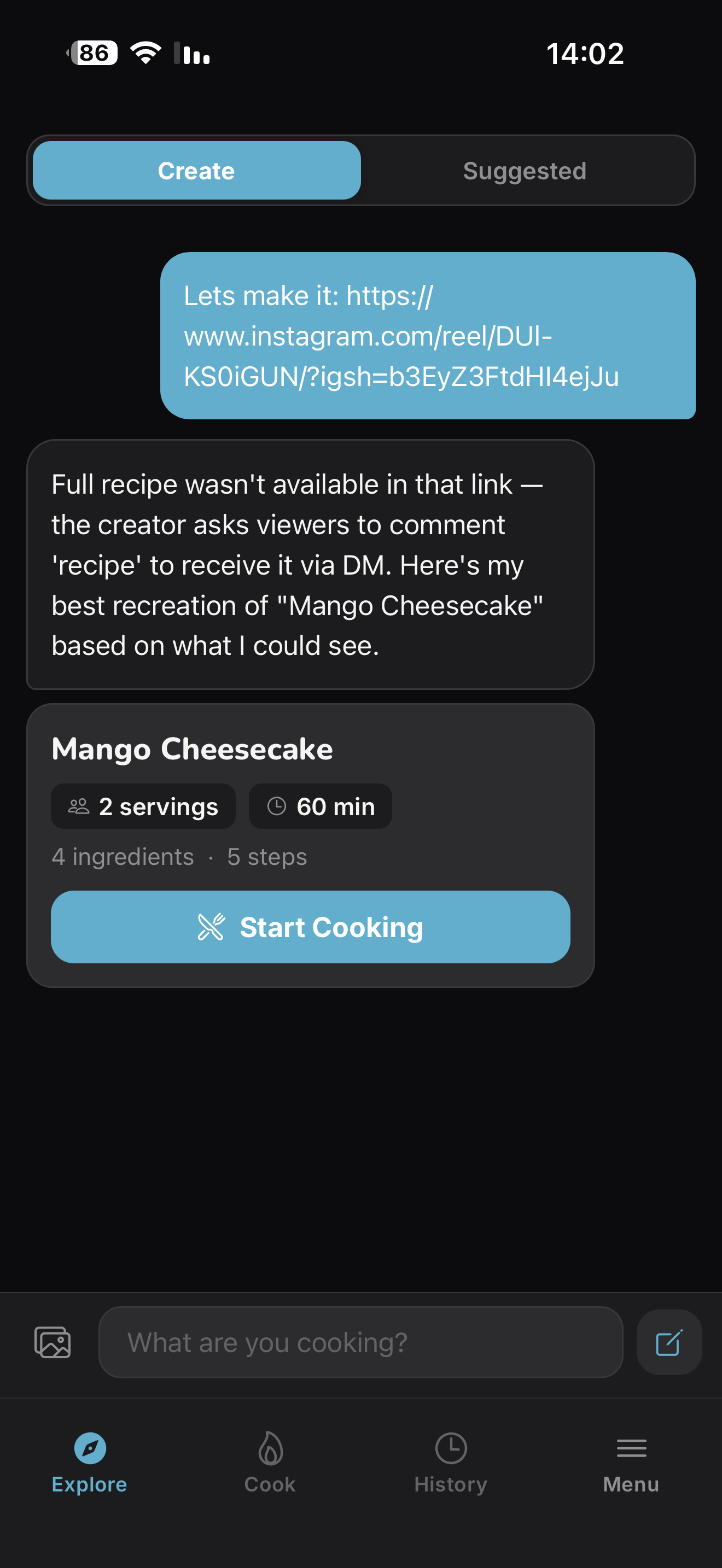 CookE importing a recipe from an Instagram link