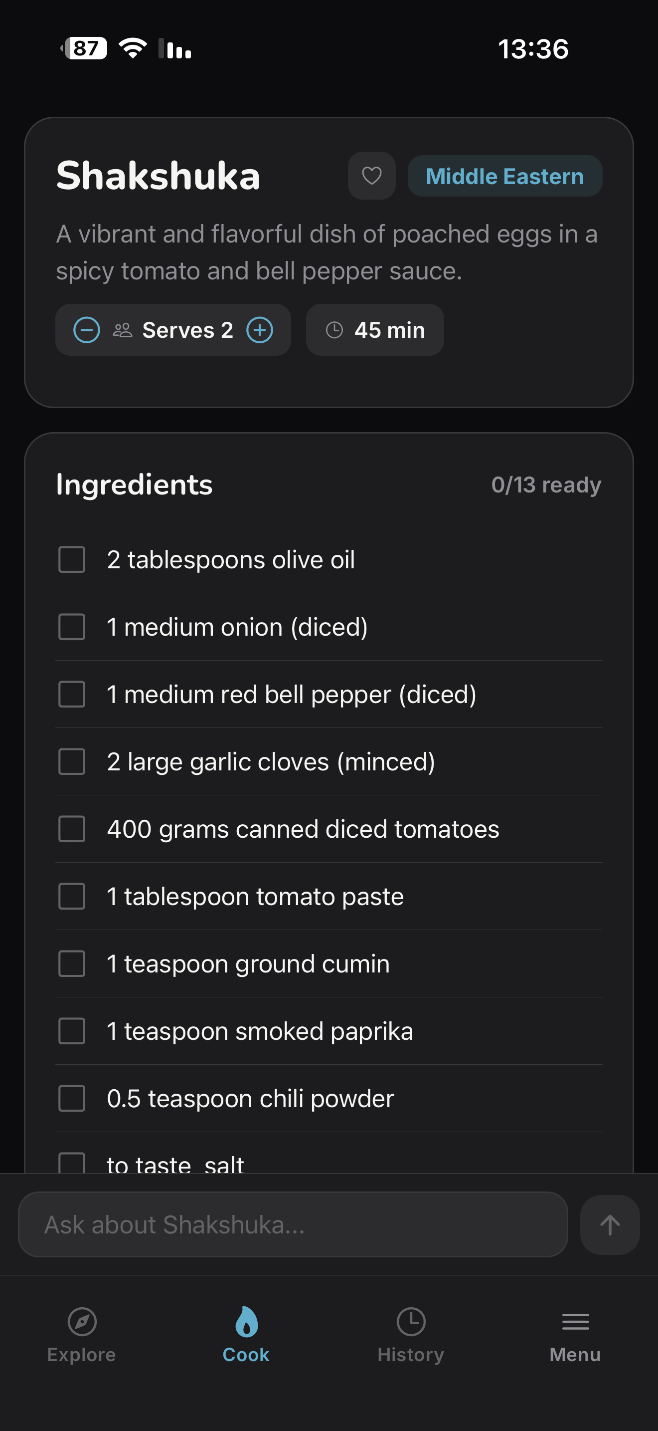 CookE full recipe with ingredients checklist
