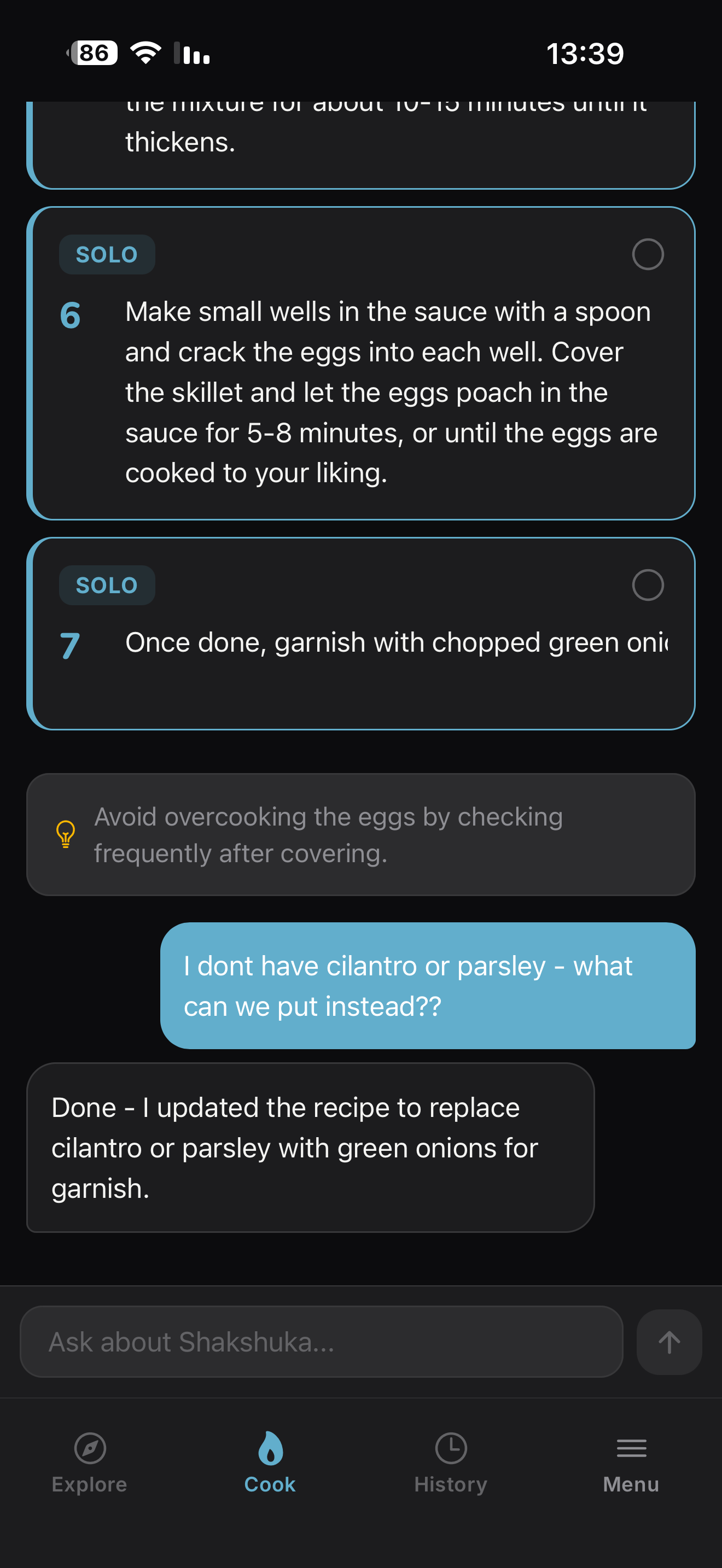 CookE follow-up chat swapping an ingredient mid-cook